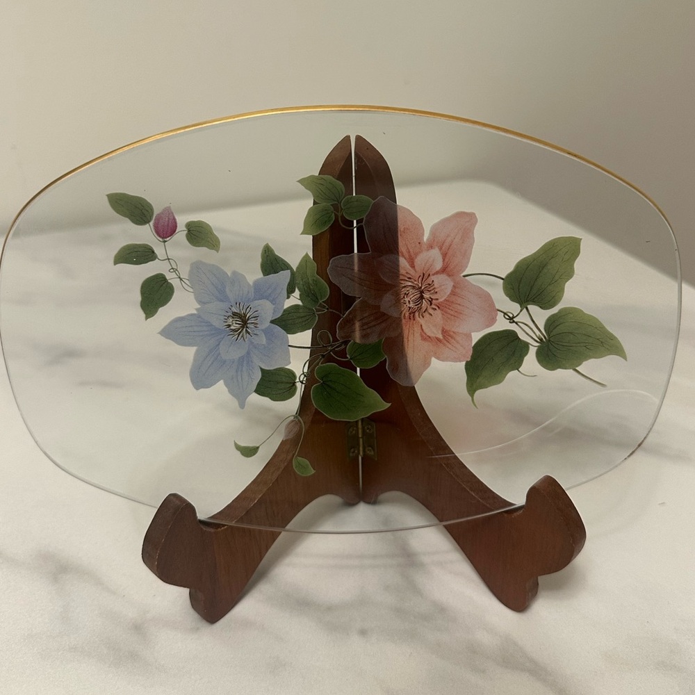 Vintage Pilkington Chance English Glass Floral Serving Dish w/ Gold Rim